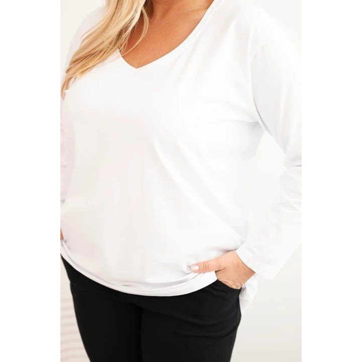 Moteriška Plus Size palaidinė su V formos iškirpte ir ilgomis rankovėmis, balta
