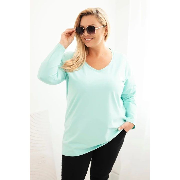 Moteriška Plus Size palaidinė su V formos iškirpte ir ilgomis rankovėmis, mėtų spalvos
