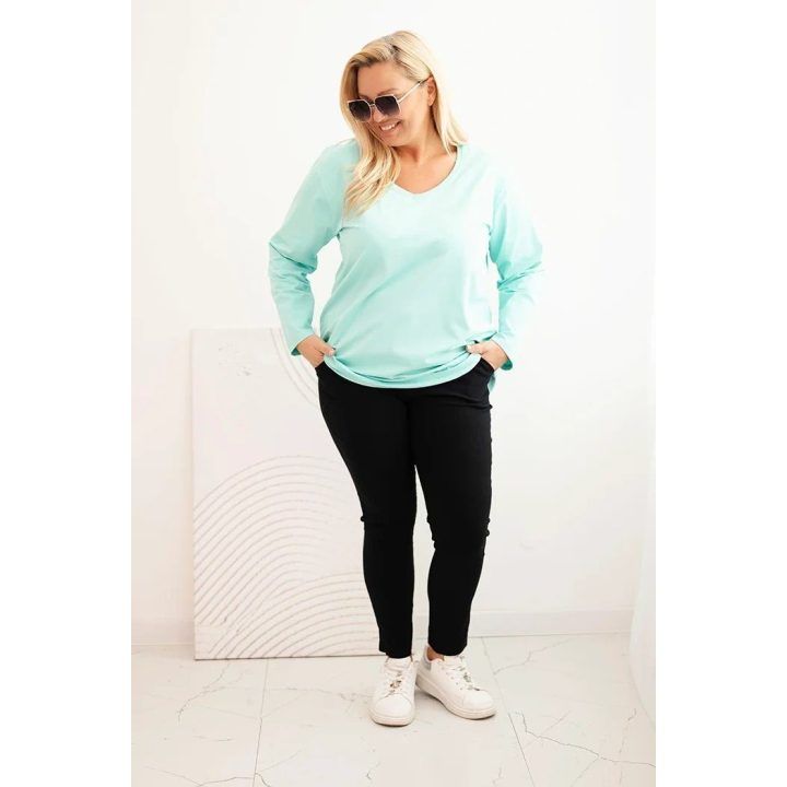 Moteriška Plus Size palaidinė su V formos iškirpte ir ilgomis rankovėmis, mėtų spalvos