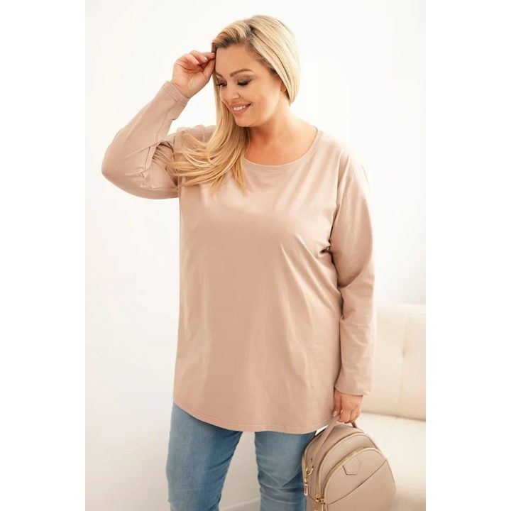 Moteriška Plus Size medvilninė palaidinė su apvalia iškirpte, kapučino spalvos