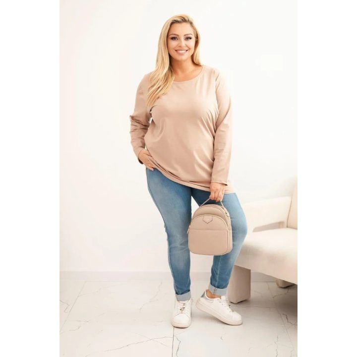 Moteriška Plus Size medvilninė palaidinė su apvalia iškirpte, kapučino spalvos