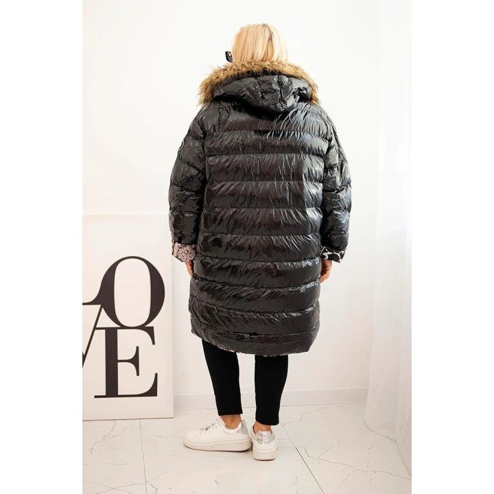Moteriška Plus Size žieminė striukė su gobtuvu ir kailiuku, juodos spalvos