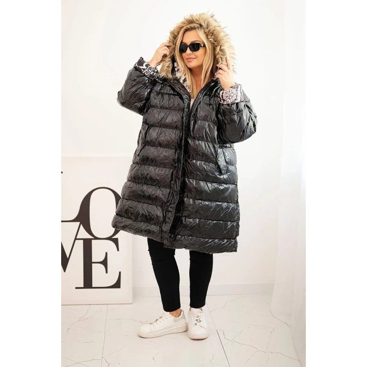 Moteriška Plus Size žieminė striukė su gobtuvu ir kailiuku, juodos spalvos