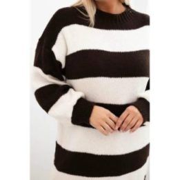 Moteriška Plus Size dryžuota megzta suknelė, rudos spalvos