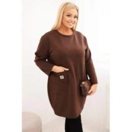 Moteriška Plus Size suknelė su kišene ir 3/4 rankovėmis, rudos spalvos