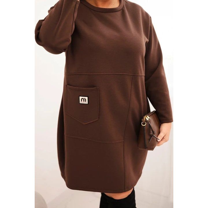 Moteriška Plus Size suknelė su kišene ir 3/4 rankovėmis, rudos spalvos