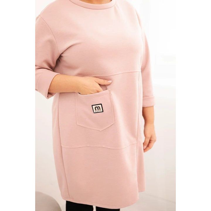 Moteriška Plus Size suknelė su kišene ir 3/4 rankovėmis, pudrinė rožinė