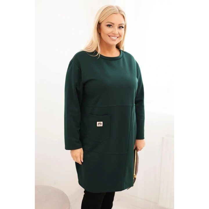 Moteriška Plus Size suknelė su kišene ir 3/4 rankovėmis, tamsiai žalios spalvos