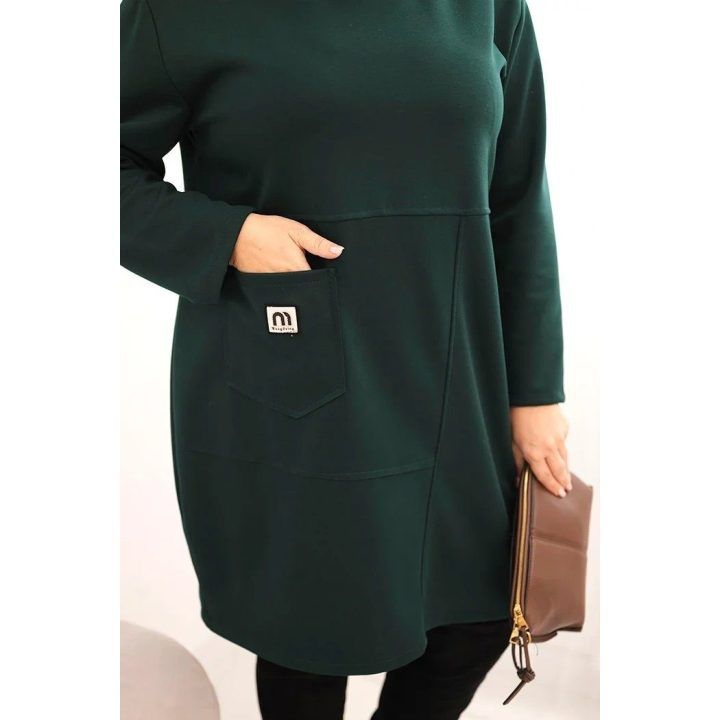 Moteriška Plus Size suknelė su kišene ir 3/4 rankovėmis, tamsiai žalios spalvos