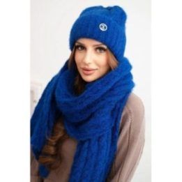 Moteriškas kepurės ir šaliko komplektas su rumbuotu raštu ir dekoracija, rugiagėlių mėlynos spalvos
