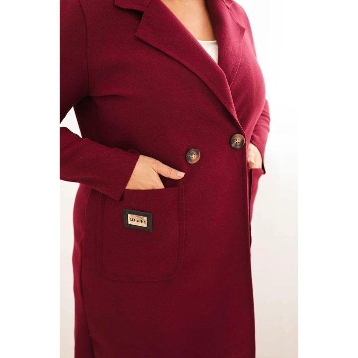 Moteriškas Plus Size paltas su apykakle ir didelėmis kišenėmis, bordo spalvos