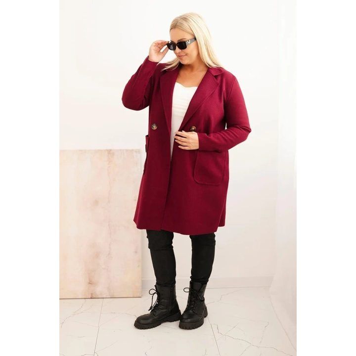 Moteriškas Plus Size paltas su apykakle ir didelėmis kišenėmis, bordo spalvos