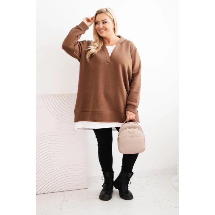 Moteriškas Plus Size džemperis su V formos iškirpte, rudas