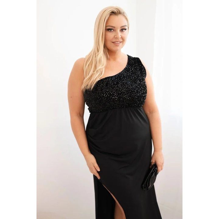Moteriška Plus Size vakarinė suknelė ant vieno peties, juodos spalvos