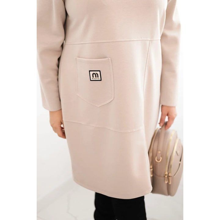 Moteriška Plus Size suknelė su kišene ir 3/4 rankovėmis, smėlio spalvos