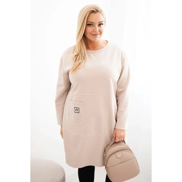 Moteriška Plus Size suknelė su kišene ir 3/4 rankovėmis, smėlio spalvos