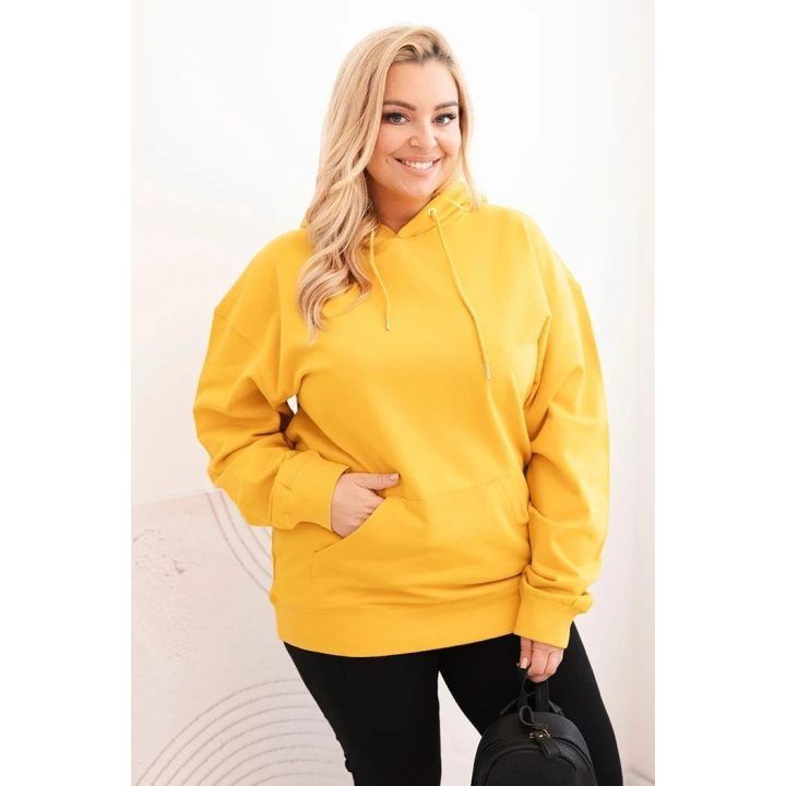 Moteriškas Plus Size džemperis su gobtuvu ir kengūros kišene, garstyčių spalvos