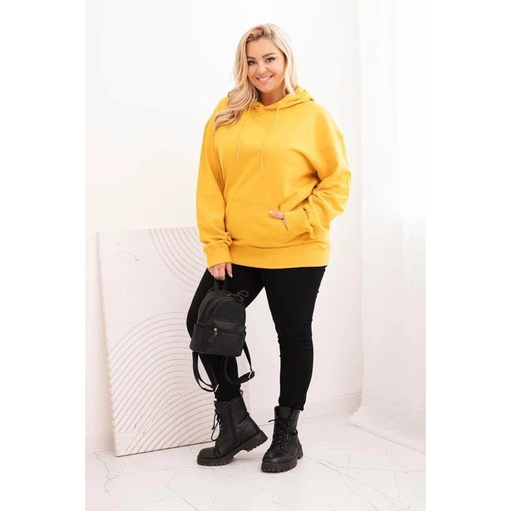 Moteriškas Plus Size džemperis su gobtuvu ir kengūros kišene, garstyčių spalvos