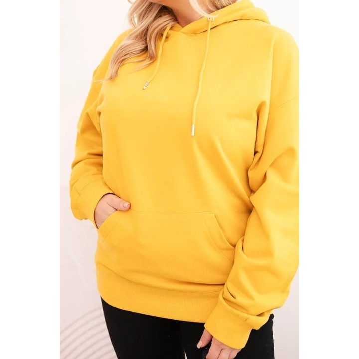 Moteriškas Plus Size džemperis su gobtuvu ir kengūros kišene, garstyčių spalvos