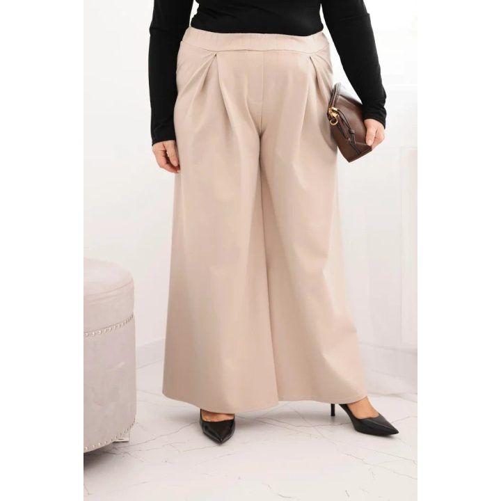 Moteriškos Plus Size kelnės plačiomis klešnėmis ir klostėmis, smėlio spalvos