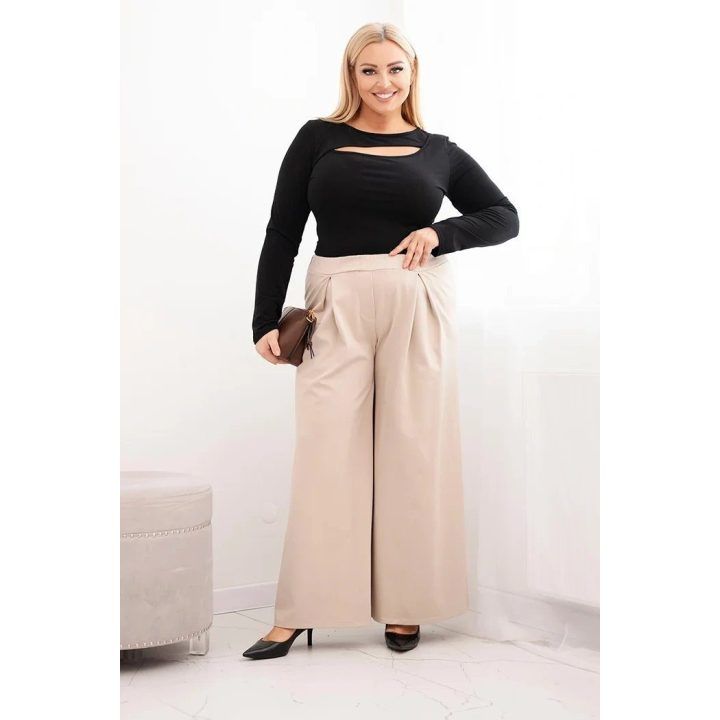 Moteriškos Plus Size kelnės plačiomis klešnėmis ir klostėmis, smėlio spalvos