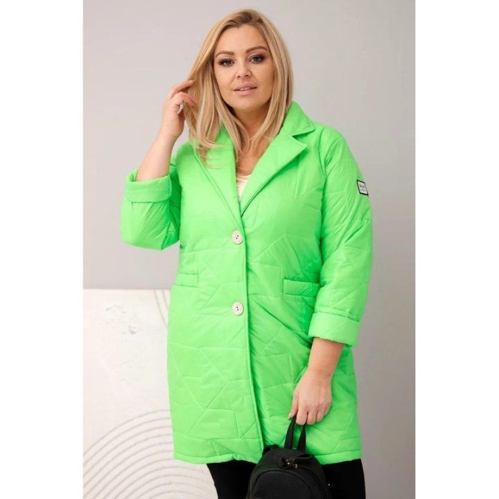 Moteriška Plus Size pikota striukė su dekoratyvinėmis sagomis ir apykakle, neoninės žalios spalvos