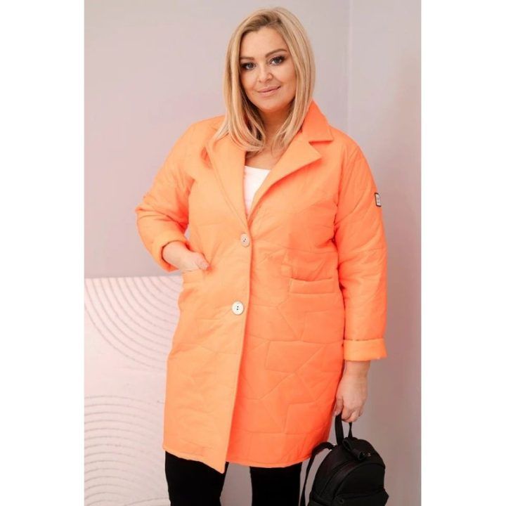 Moteriška Plus Size dygsniuota striukė su dekoratyvinėmis sagomis ir apykakle, neoninės oranžinės spalvos