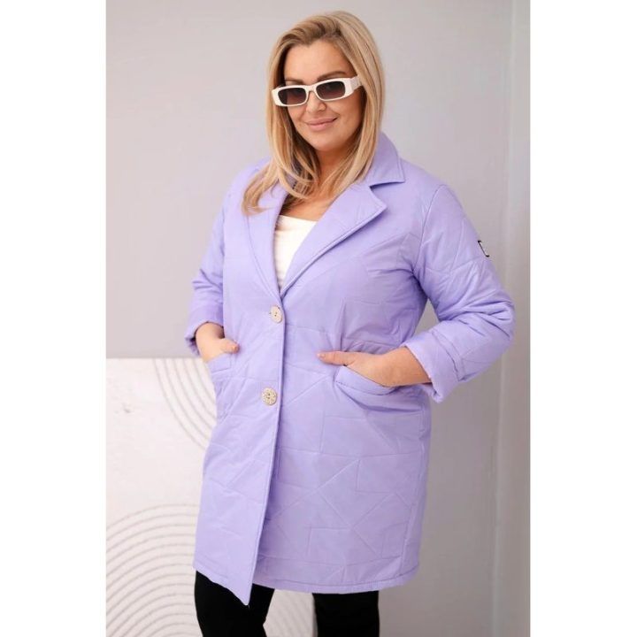 Moteriška Plus Size dygsniuota striukė su dekoratyvinėmis sagomis, šviesiai violetinė
