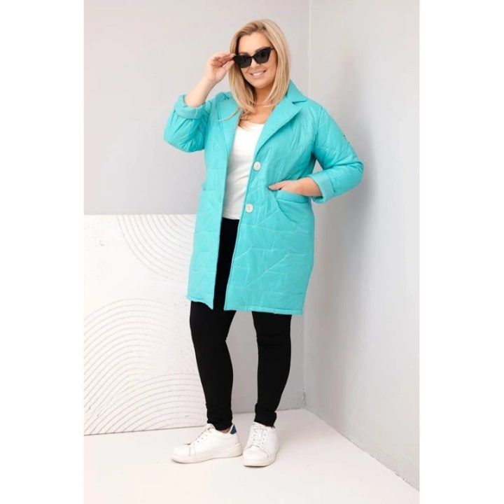 Moteriška Plus Size pikinta striukė su dekoratyvinėmis sagomis ir apykakle, mėtų spalvos