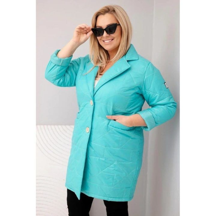 Moteriška Plus Size pikinta striukė su dekoratyvinėmis sagomis ir apykakle, mėtų spalvos