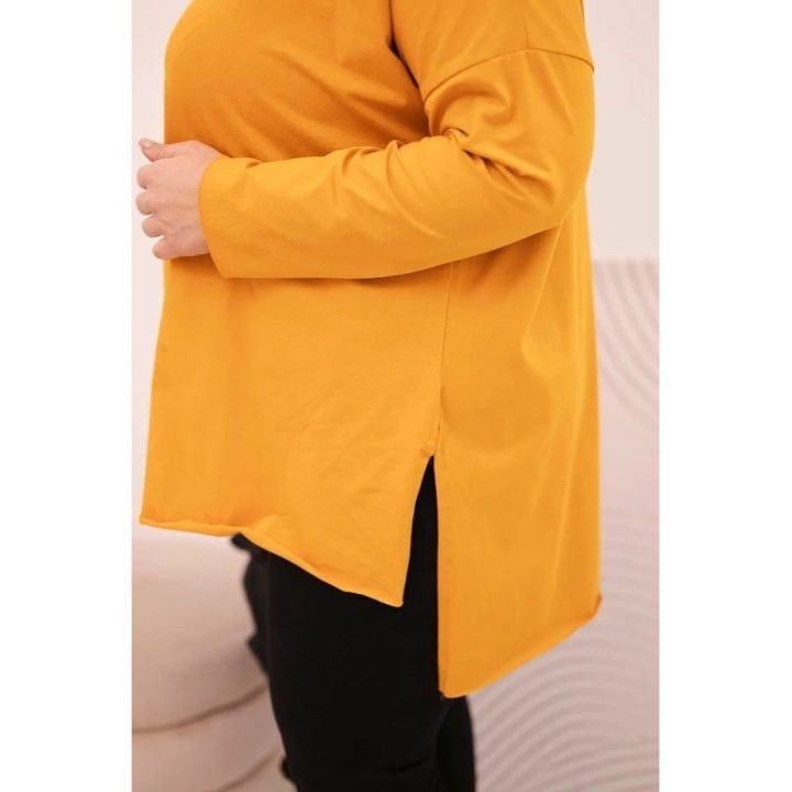 Moteriška Plus Size palaidinė su ilga rankove, garstyčių spalvos