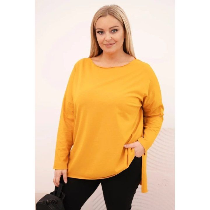 Moteriška Plus Size palaidinė su ilga rankove, garstyčių spalvos