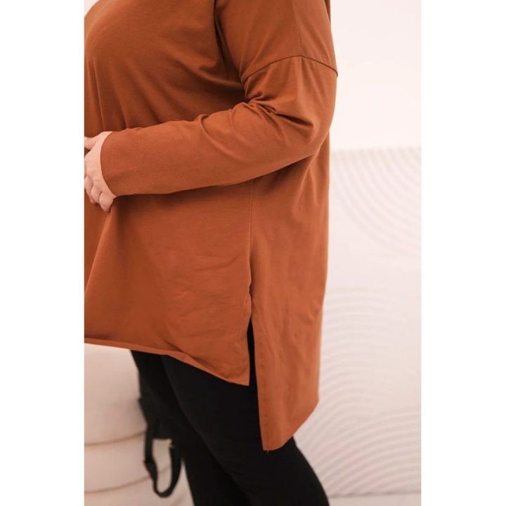 Moteriška Plus Size palaidinė ilgomis rankovėmis, tamsiai kupranugario spalvos