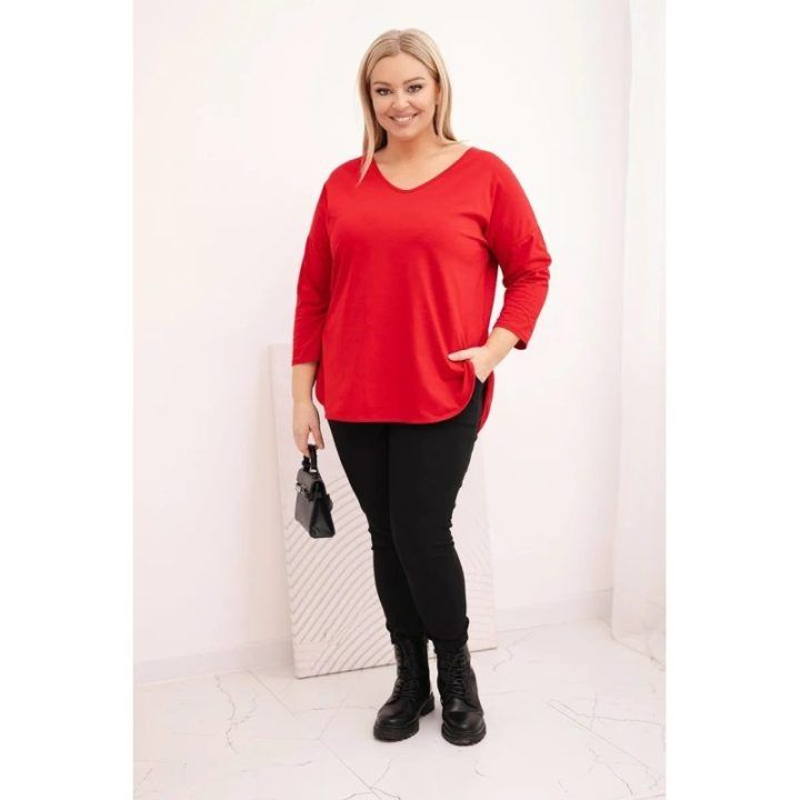 Moteriška Plus Size palaidinė su V formos iškirpte ir rankogaliais, raudonos spalvos