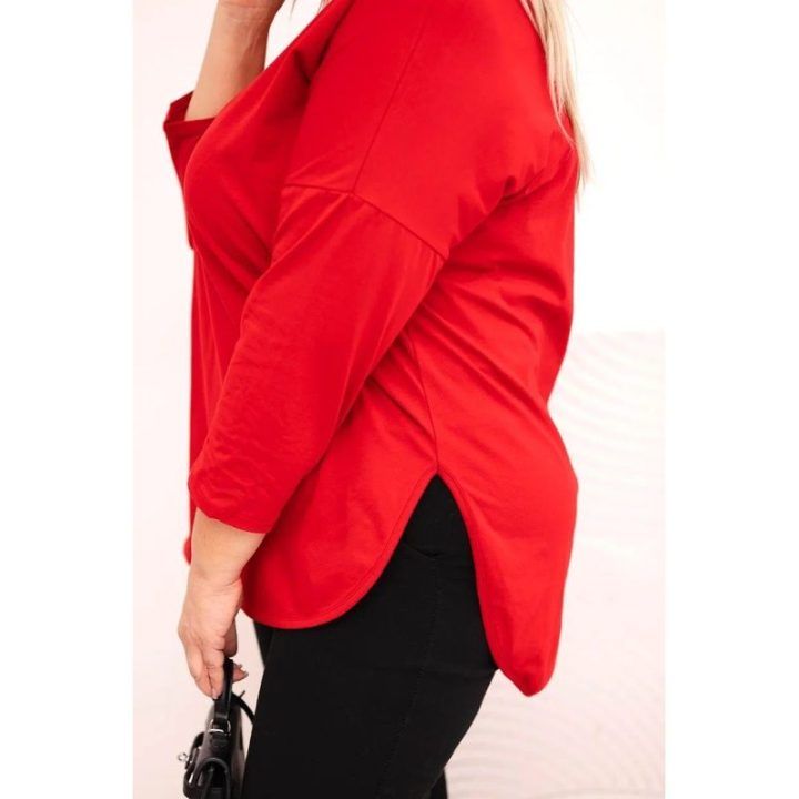 Moteriška Plus Size palaidinė su V formos iškirpte ir rankogaliais, raudonos spalvos