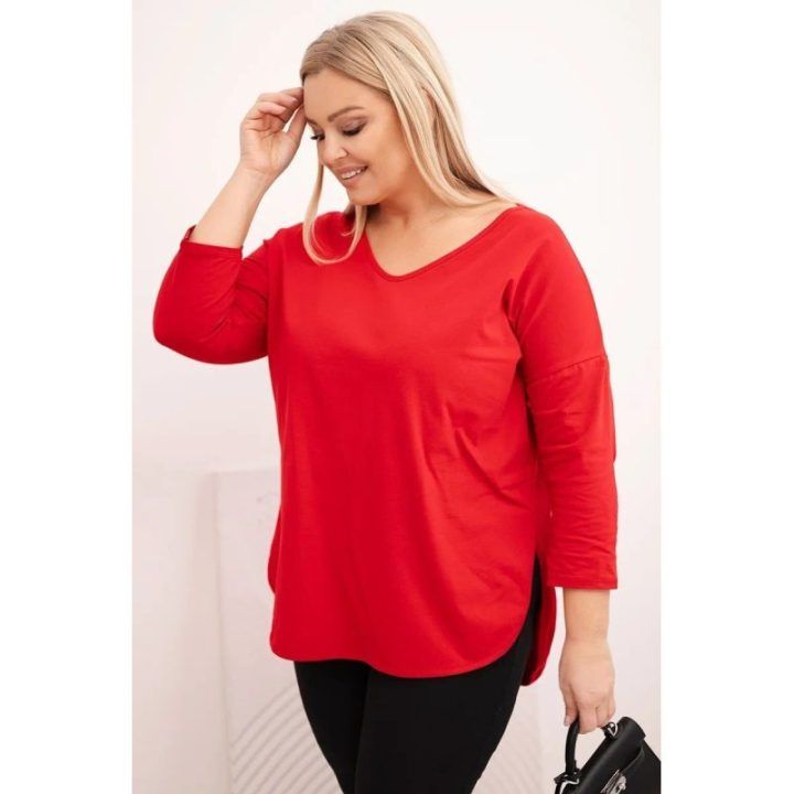 Moteriška Plus Size palaidinė su V formos iškirpte ir rankogaliais, raudonos spalvos