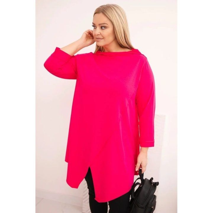 Moteriška Plus Size palaidinė su asimetrišku priekiu ir atraitotomis rankovėmis, fuksijos spalvos