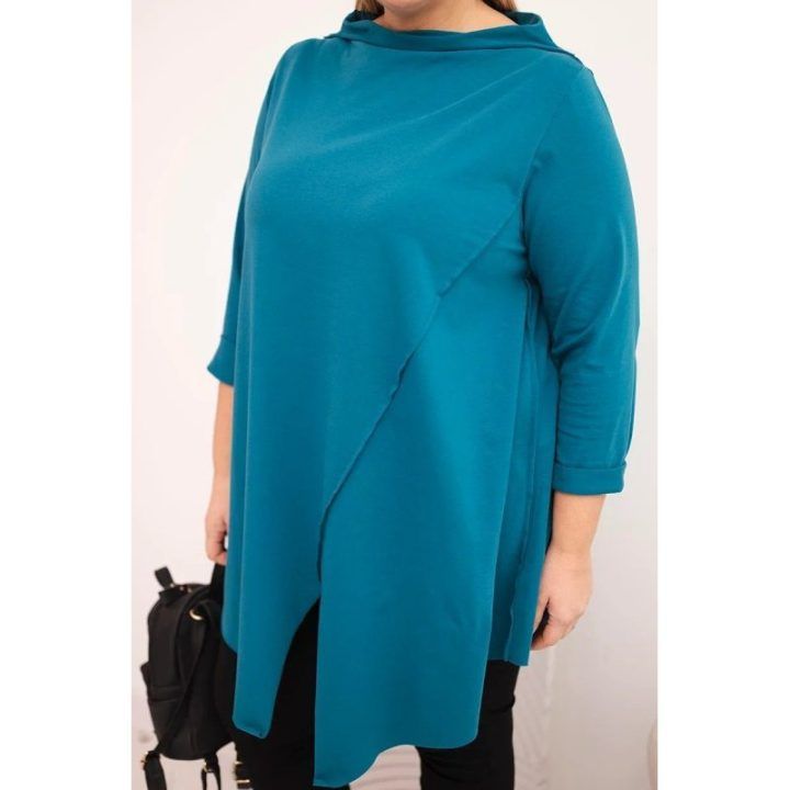 Moteriška Plus Size palaidinė su asimetriniu priekiu, mėlynos spalvos
