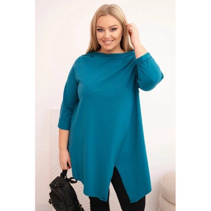 Moteriška Plus Size palaidinė su asimetriniu priekiu, mėlynos spalvos