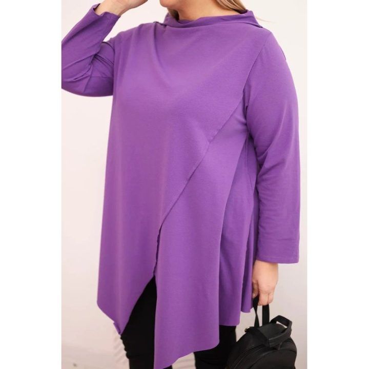 Moteriška Plus Size asimetrinė palaidinė su atlenkiamomis rankovėmis, violetinės spalvos
