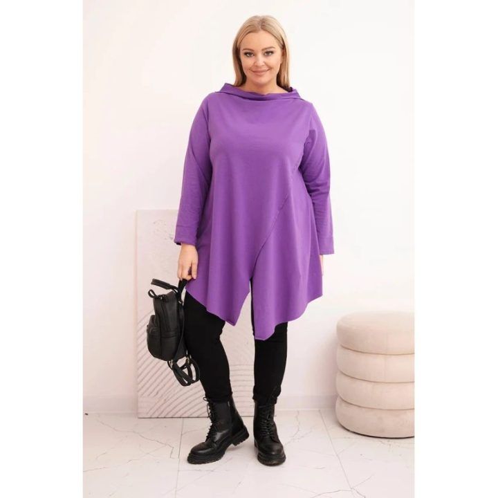 Moteriška Plus Size asimetrinė palaidinė su atlenkiamomis rankovėmis, violetinės spalvos