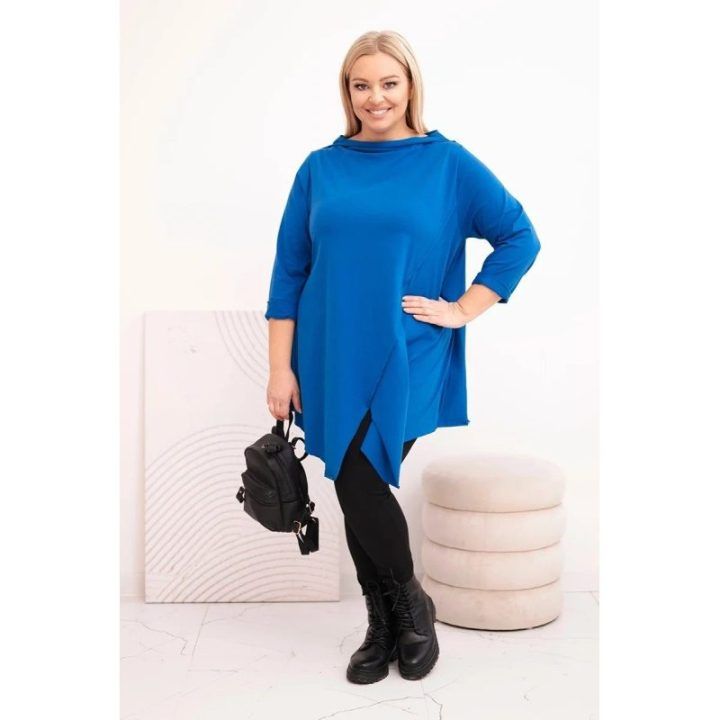 Moteriška Plus Size asimetriška palaidinė su užraitotomis rankovėmis, mėlyna