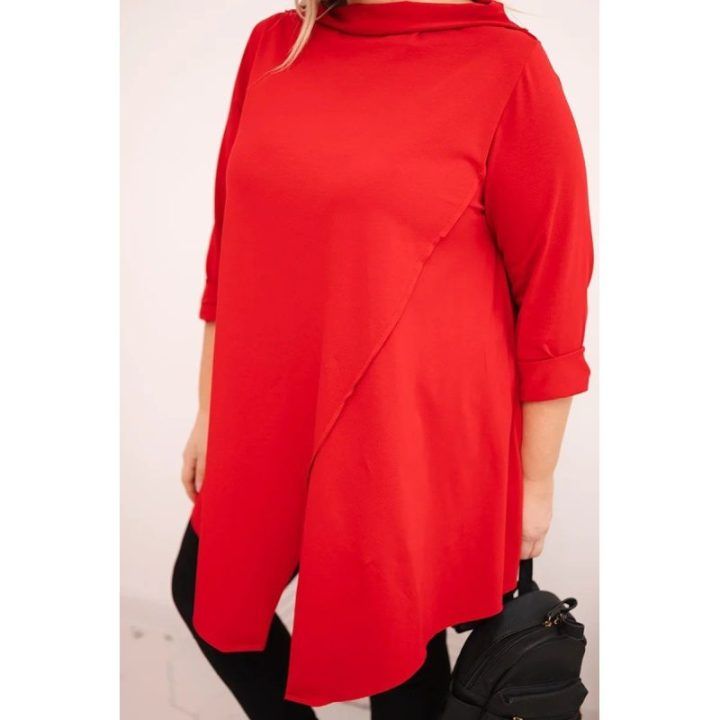 Moteriška Plus Size palaidinė su asimetriniu priekiu ir užlenktomis rankovėmis, raudonos spalvos