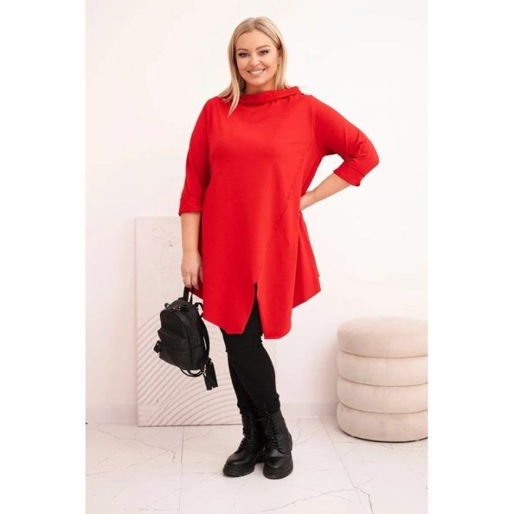 Moteriška Plus Size palaidinė su asimetriniu priekiu ir užlenktomis rankovėmis, raudonos spalvos