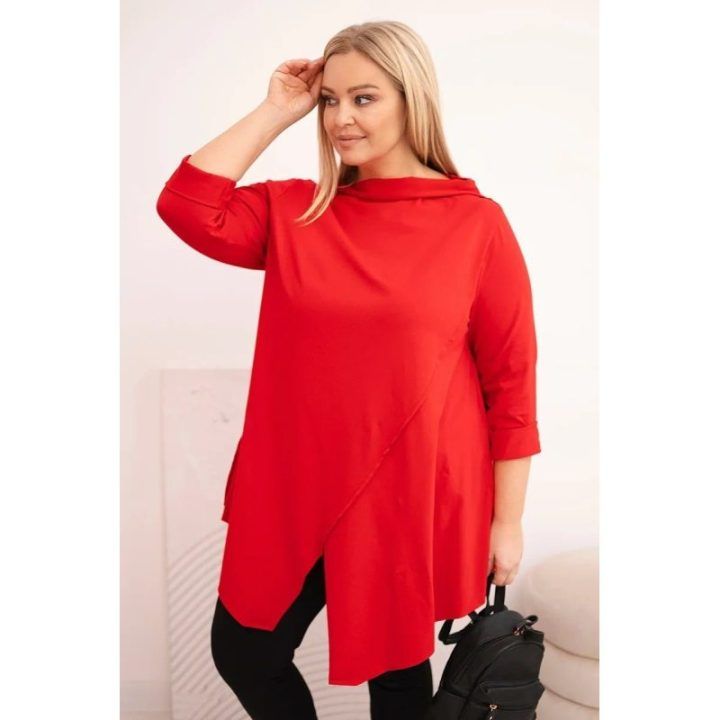 Moteriška Plus Size palaidinė su asimetriniu priekiu ir užlenktomis rankovėmis, raudonos spalvos