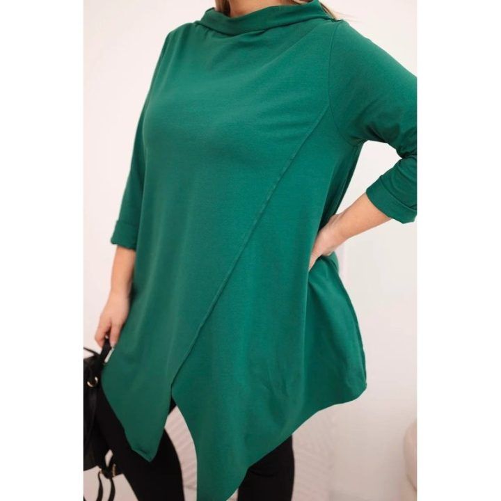 Moteriška Plus Size asimetrinė palaidinė su rankogaliais, tamsiai žalios spalvos
