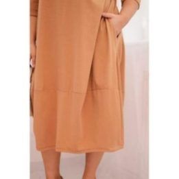 Moteriška Plus Size suknelė su užsukamomis rankovėmis ir kišenėmis, kapučino spalvos