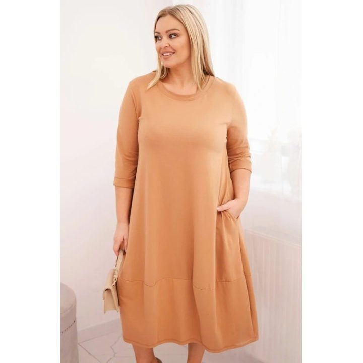 Moteriška Plus Size suknelė su užsukamomis rankovėmis ir kišenėmis, kapučino spalvos