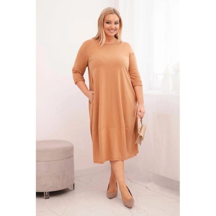 Moteriška Plus Size suknelė su užsukamomis rankovėmis ir kišenėmis, kapučino spalvos
