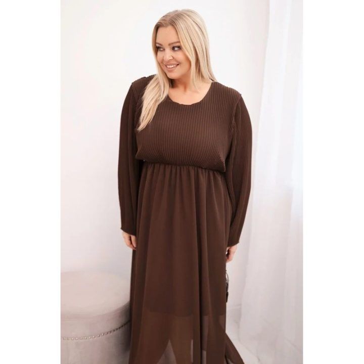 Moteriška Plus Size plisuota suknelė ilgomis rankovėmis, rudos spalvos